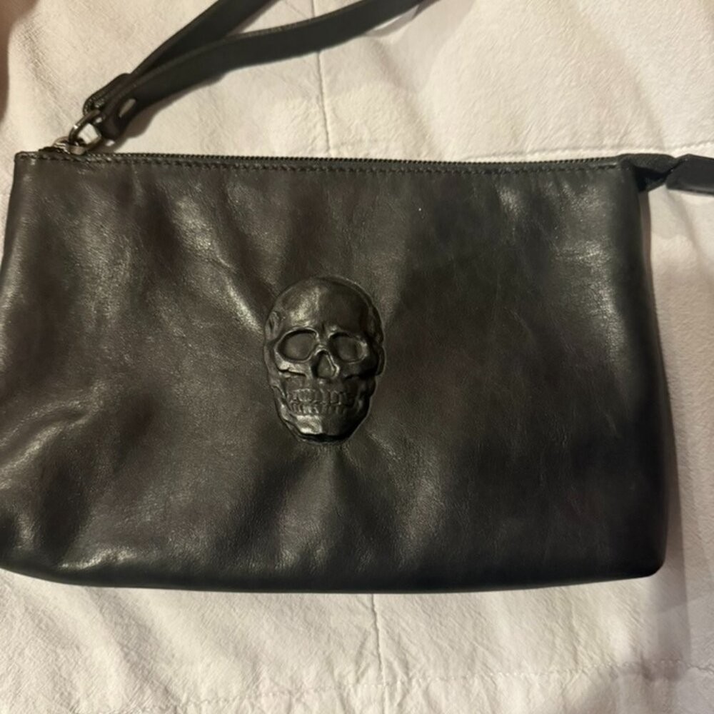 Black Leather Skull Clutch Bag, NWOT